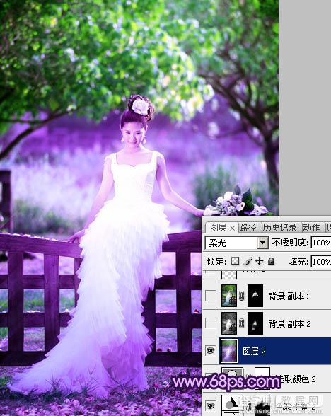 Photoshop中将树林美女婚片调成唯美的绿紫色22