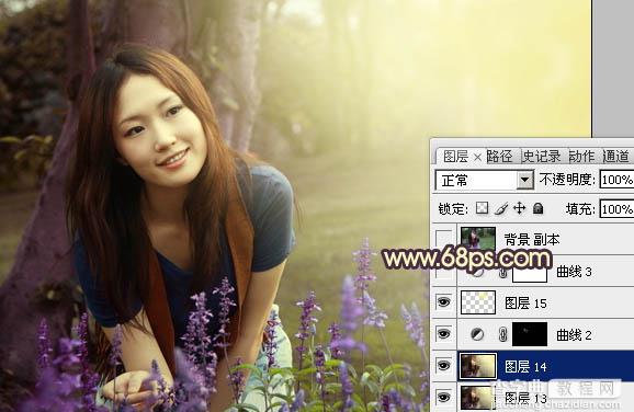 Photoshop将树林美女图片调成温馨的黄紫色28
