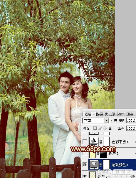 Photoshop将树林婚片打造出甜美的青黄色效果10