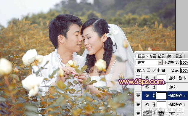Photoshop为玫瑰园中的情侣图片增加经典橙褐色12