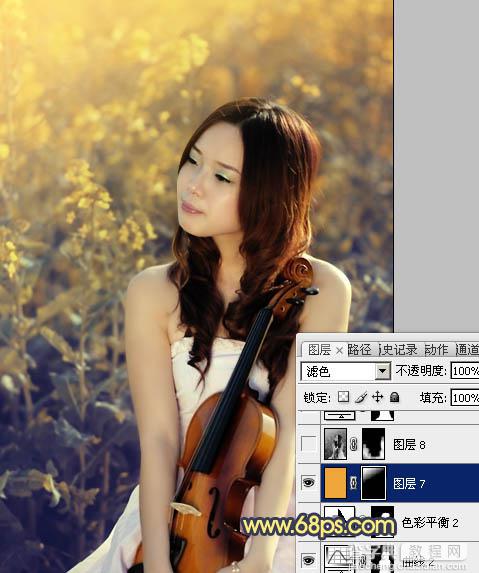 Photoshop将菜田美女图片调成柔美的古典暖色调23