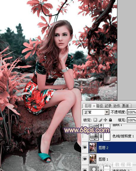 photoshop利用通道替换为树林美女图片加上古典红蓝色9