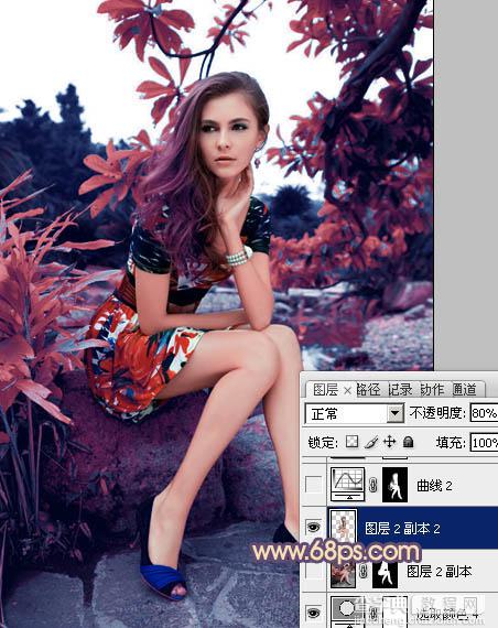 photoshop利用通道替换为树林美女图片加上古典红蓝色23