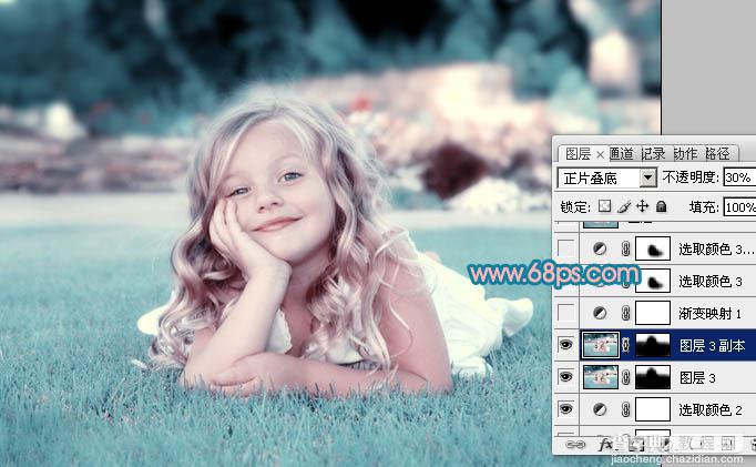 Photoshop将绿地上的儿童照片调成柔美的中性青红色19