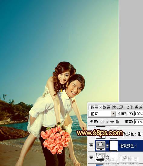 Photoshop将蓝色海景婚片调制成漂亮的晚霞阳光效果12
