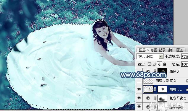 Photoshop将草地婚纱美女调制出流行的青蓝色17