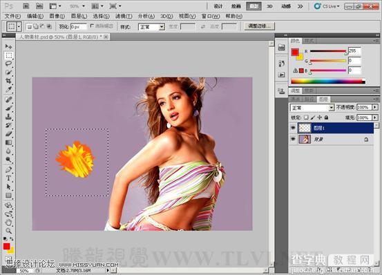 photoshop CS5混合器画笔工具为美女模特添加金色丝带10