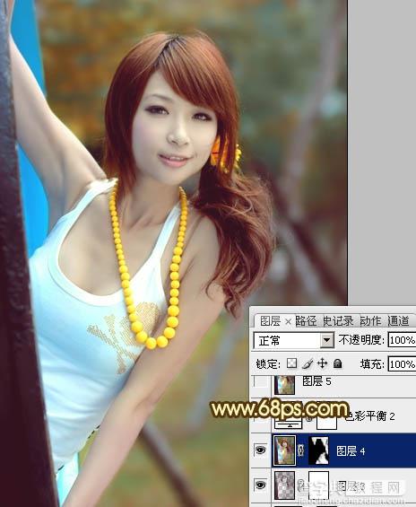 Photoshop将公园美女图片调制出甜美的青红色效果15