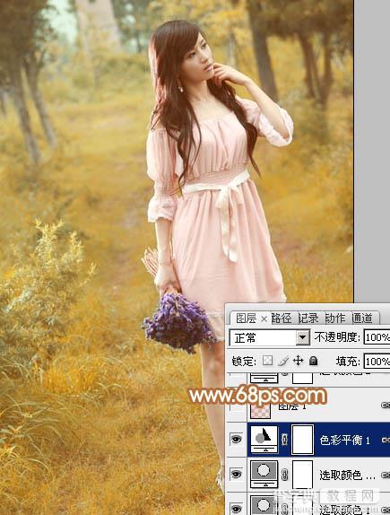 Photoshop为树林美女图片调制出柔和的淡黄早秋色13