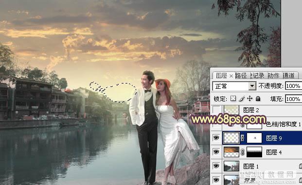 Photoshop将古镇婚片调制出漂亮的霞光色效果6