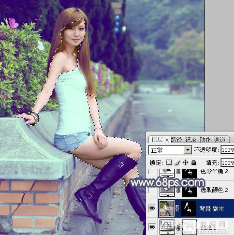 Photoshop将外景美女图片调制出流行的甜美蓝绿色17