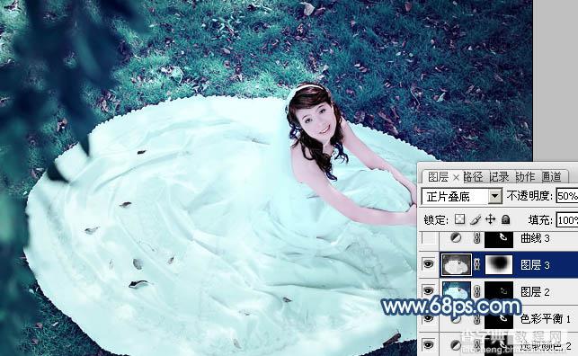 Photoshop将草地婚纱美女调制出流行的青蓝色26