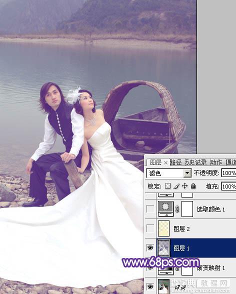 Photoshop将江景婚片调成纯美的蓝紫色5