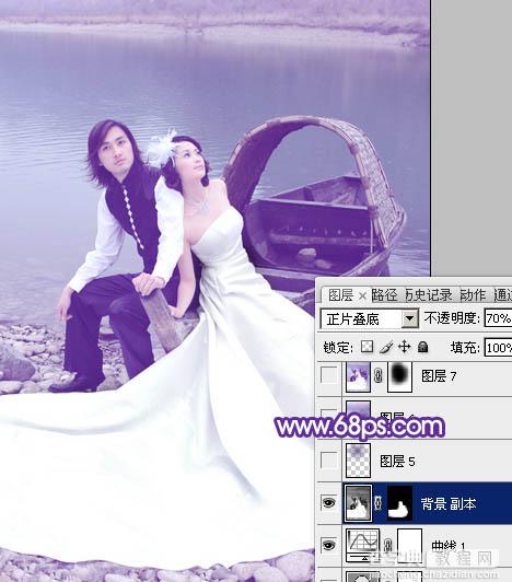Photoshop将江景婚片调成纯美的蓝紫色21