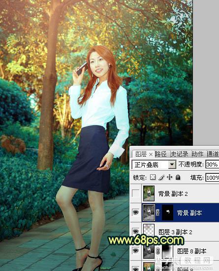 Photoshop中将树林人物图片调成柔美的暗青色28