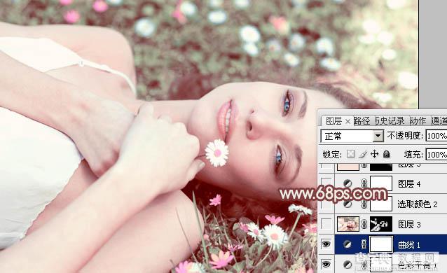Photoshop将草地美女图片调制出流行的欧美粉褐色效果16