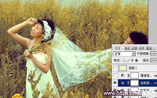 Photoshop为油菜花婚片调制出漂亮的暖意金色效果16