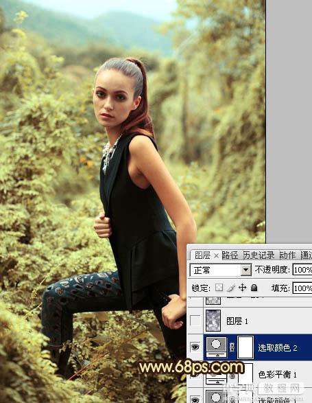 Photoshop将树林模特图片调制出柔美的青褐色效果15