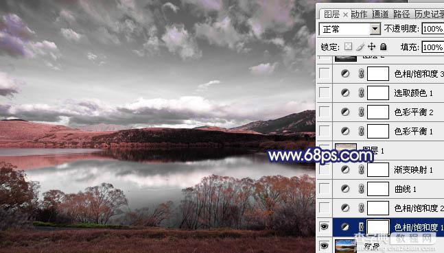 Photoshop将风景图片调成暗调蓝红色5
