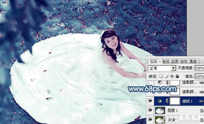 Photoshop将草地婚纱美女调制出流行的青蓝色7