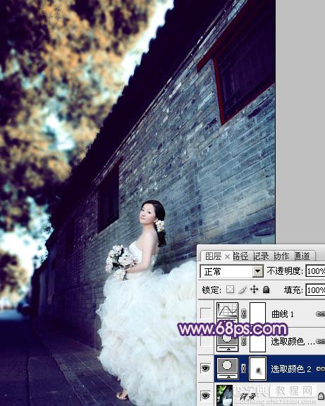 Photoshop将古建筑婚片调制出柔和的橙蓝色效果6