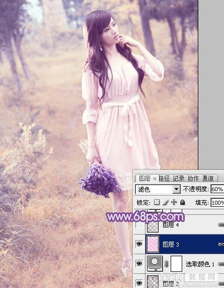 Photoshop将草地美女图片增加上梦幻的粉调蓝紫色效果22