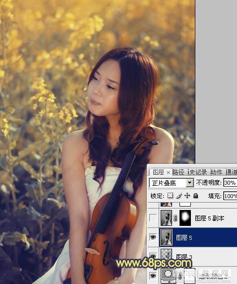 Photoshop将菜田美女图片调成柔美的古典暖色调20
