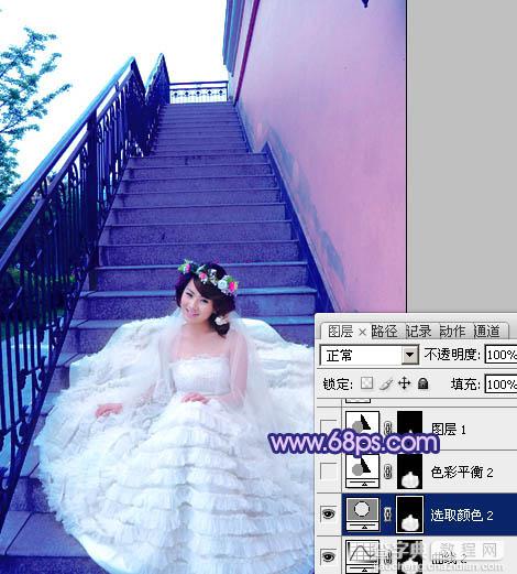 Photoshop将楼梯婚片调制出艳丽的蓝紫色17