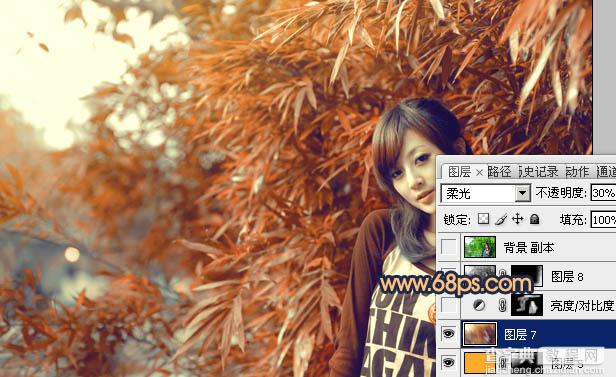 Photoshop将竹林美女图片调制出甜美的橙红色效果24