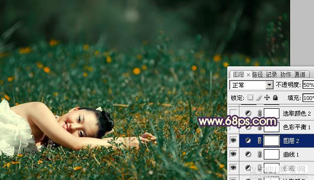 Photoshop 为草地人物图片增加淡雅的蓝褐色效果9