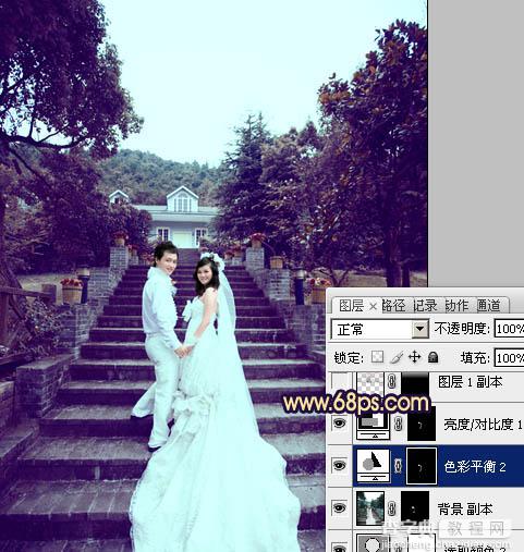 Photoshop为公园婚片加上柔美的暗调蓝紫色效果17