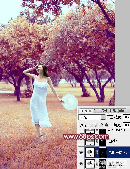 Photoshop为草地上面的美女图片调制出漂亮的秋季蓝橙色效果27