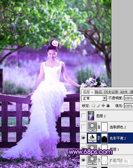 Photoshop中将树林美女婚片调成唯美的绿紫色18