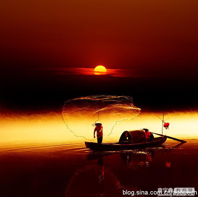 Photoshop将江上渔船图片打造出晨曦中的美图效果2