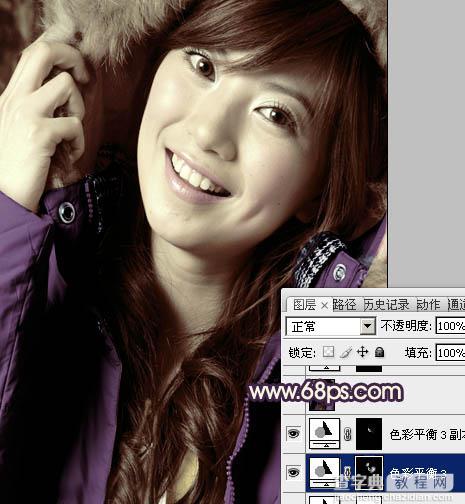 Photoshop下将人物特写调成个性的暗调黄紫色27
