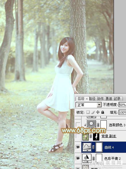 Photoshop将树林美女图片调制出柔和淡雅的黄绿色31
