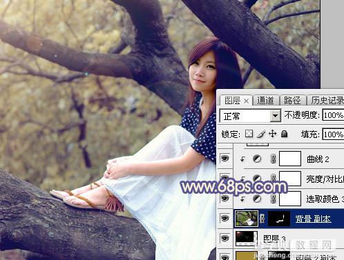 Photoshop为大树上的美女加上秋季晨曦蓝黄色效果24