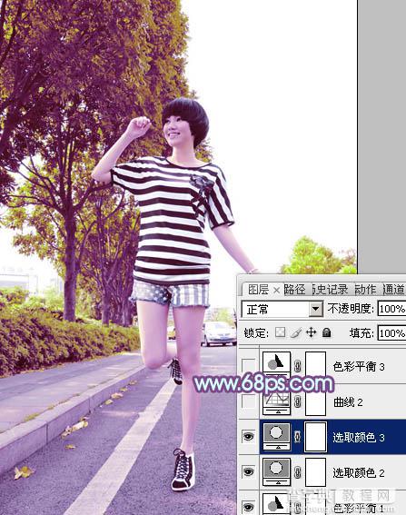 Photoshop将公路上的美女调制出清爽的紫绿色效果24