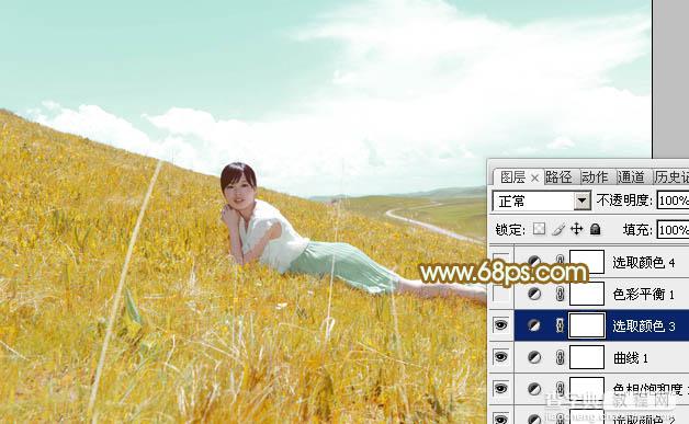 Photoshop为草坡上的美女调出秋季小清新的青黄色20