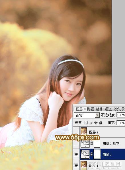 Photoshop将趴在草地上的可爱女孩加上甜美的秋季黄褐色29