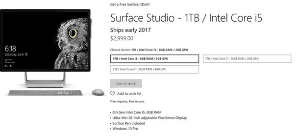 微软Win10一体机Surface Studio全机型脱销，延迟至2017年初发货1