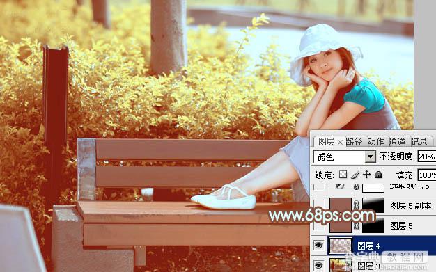 Photoshop为坐在公园椅子上的美女图片增加流行的韩系黄褐色42