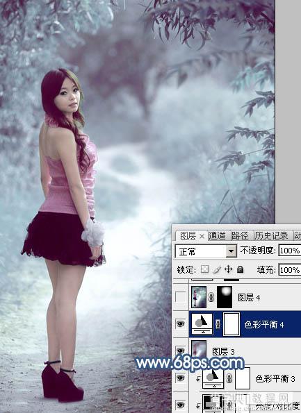 Photoshop为树景美女图片打造梦幻的冷调青蓝色31
