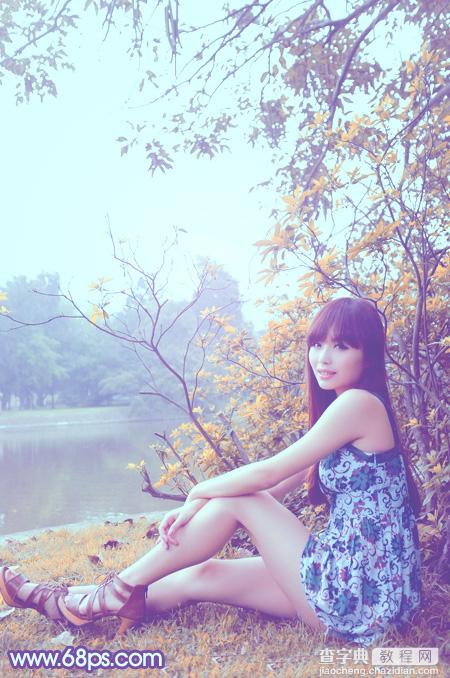 Photoshop为坐在河边的美女加上小清新的秋季橙黄色2