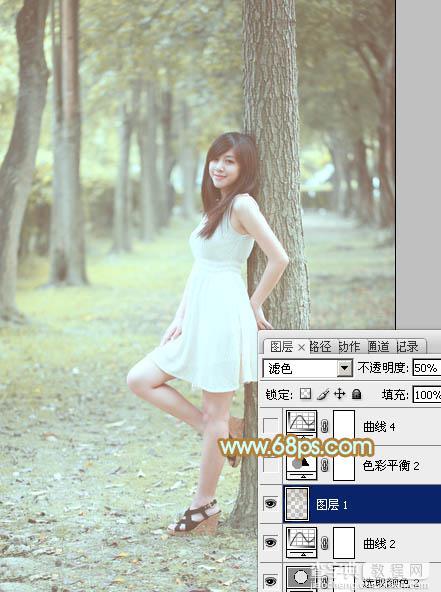 Photoshop将树林美女图片调制出柔和淡雅的黄绿色24