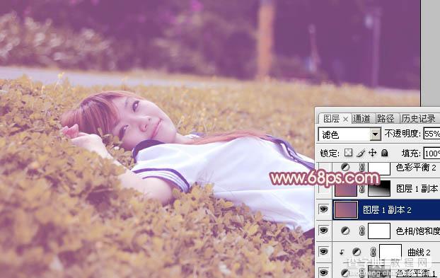 Photoshop将躺草地上的美女打造出柔和的秋季红褐色23