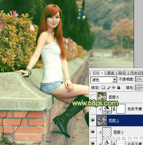 Photoshop将花坛边的美女加上秋季晨曦色32