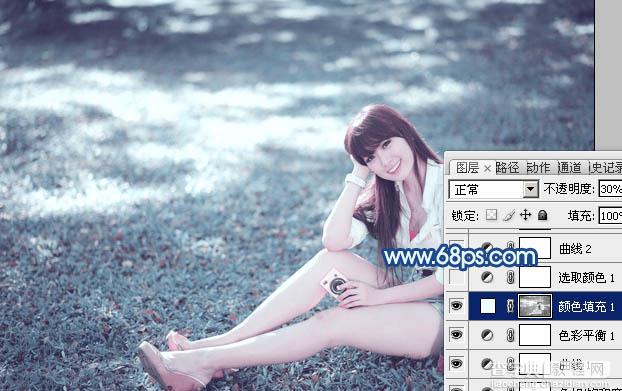 photoshop利用通道替换打造唯美的青蓝色草地美女图片12