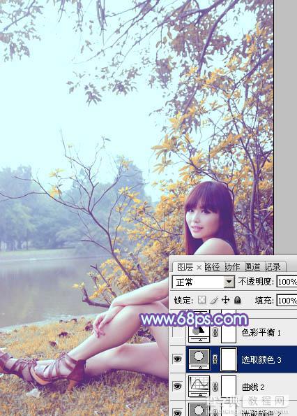 Photoshop为坐在河边的美女加上小清新的秋季橙黄色23