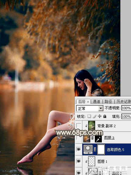 Photoshop为水边的美女图片加上暗调金秋色42